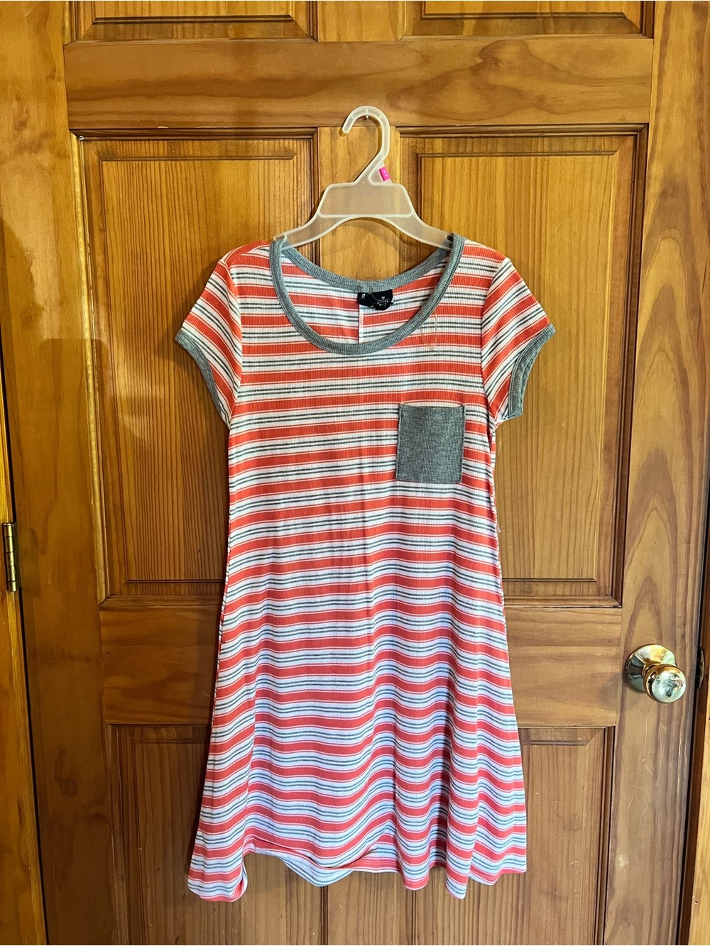Striped Pink Midi Dress with Gray Trim and Pocket